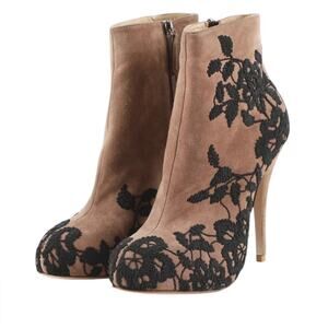 Valentino Garavani Taupe Suede Lace Embroidered Ankle Boots EU 40.5 US 10.5